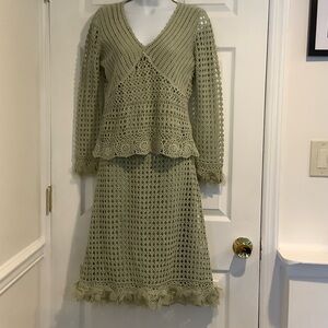 VERY VERA Green 2 Pc Open Knit Overlay Flower Appliqué Spring Boho Top/Skirt L